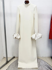 Rhinestone Puff Sleeve High Neck Maxi Dress