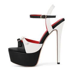 Peep toe platform stiletto sandals with black and white contrast