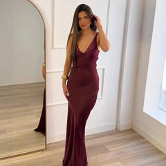 Spaghetti Strap V-Neck Lace Trim Satin Maxi Dress