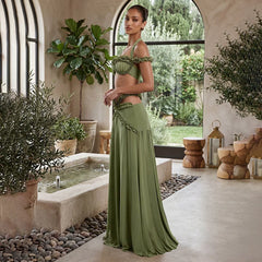 Halter Ruffle Crop Top and Cutout Maxi Skirt