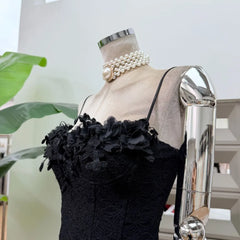 Black Floral Detail Strappy Satin Drawstring Mini Dress