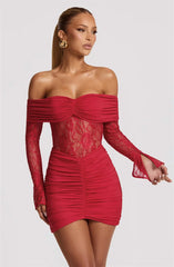 Off-shoulder Lace See Through Long Sleeve Ruched Mini Dress