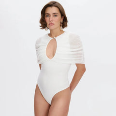 White ruched cape keyhole romper