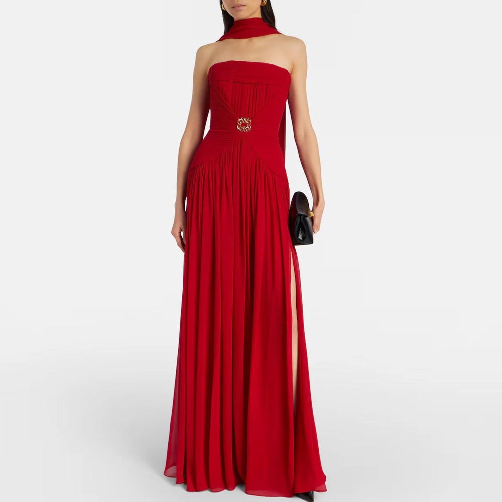 Red bandeau swimsuit and flowing cover-up skirt set