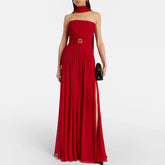 Red bandeau swimsuit and flowing cover-up skirt set