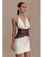 White Satin Lace Patchwork Mini Dress