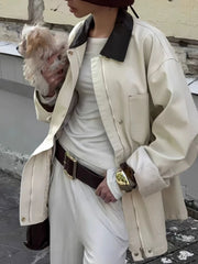 Full view of drawstring waist utility jacket in beige