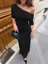 Diagonal collar ruched bodycon maxi dress with metallic stud detail in black