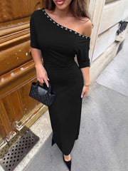 Diagonal collar ruched bodycon maxi dress with metallic stud detail in black
