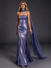 Sequin Strapless Mermaid Dress with Draped Sash