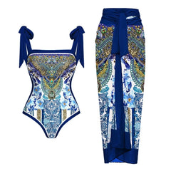 V-Neck Tie-Strap Swimsuit and Wrap Skirt Set