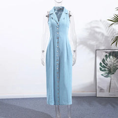 V-Neck Sleeveless Button-Front Denim Maxi Dress