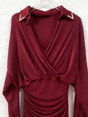Ruched Waist V-Neck Long Sleeve Maxi Dress