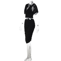 Draped Sleeve Crop Top and Ruched Midi Skirt Set