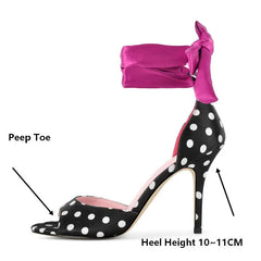 Annotated polka dot stiletto sandal showing peep toe and heel height