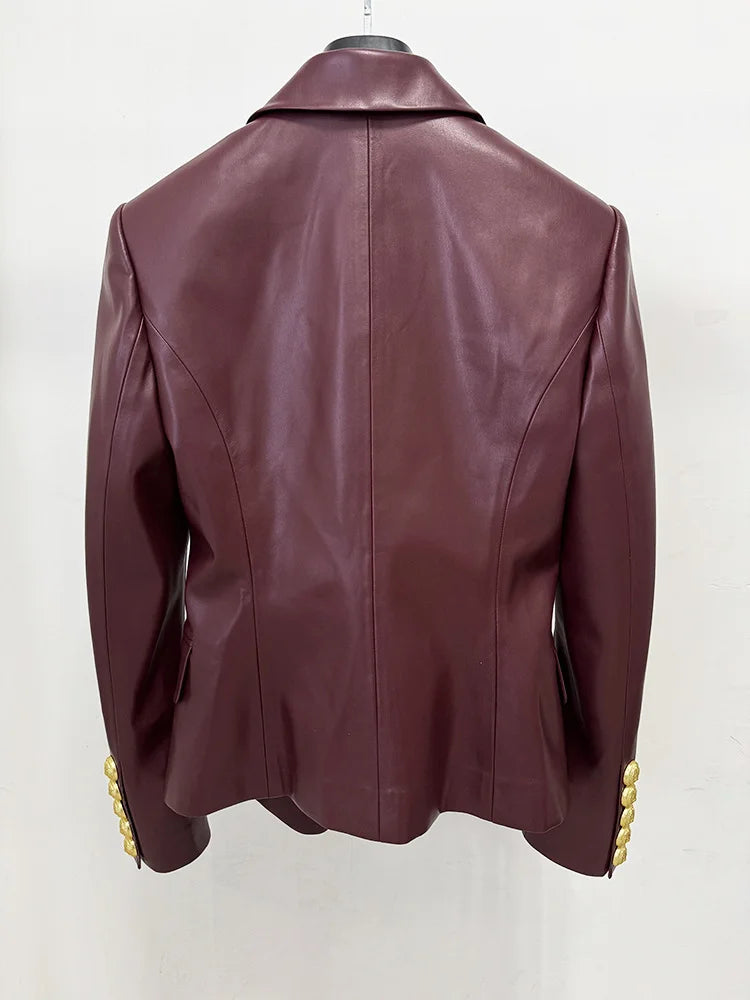Back view of double breasted leather blazer