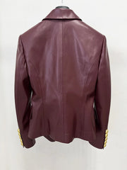 Back view of double breasted leather blazer