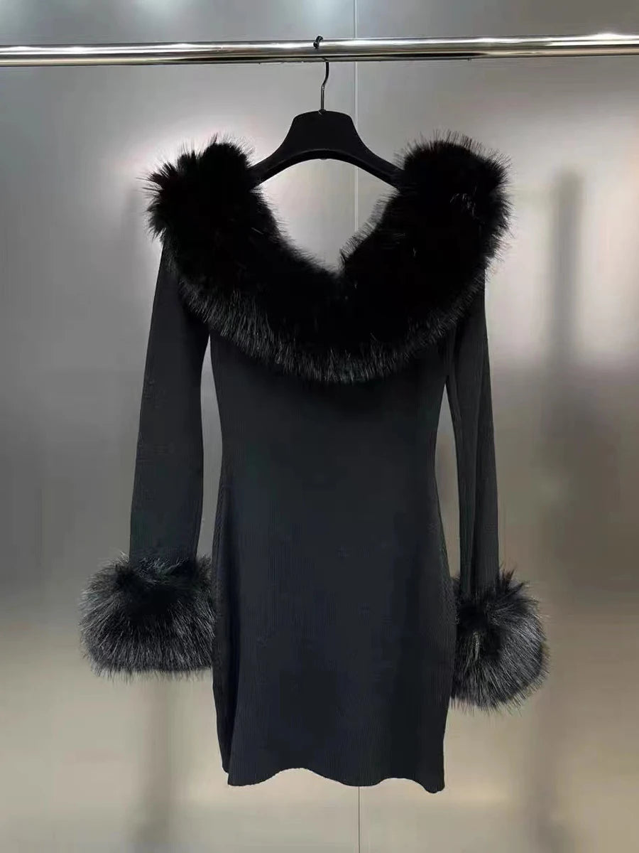 elegant black mini dress with faux fur accents