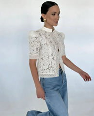 Lace Stand Collar Short Sleeve Buckle Sheer Top