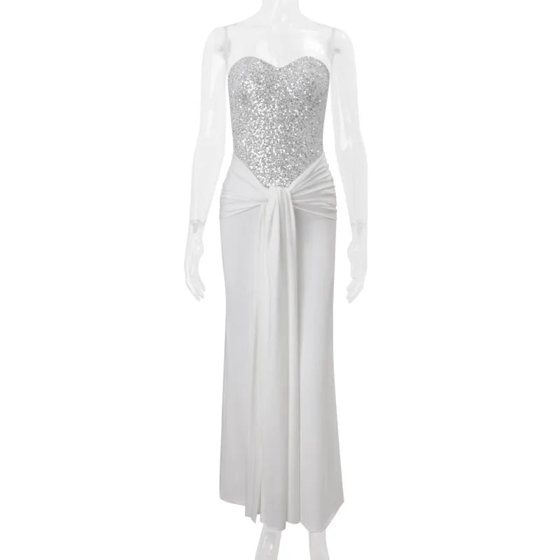 White evening gown with silver sequin bodice on a mannequin