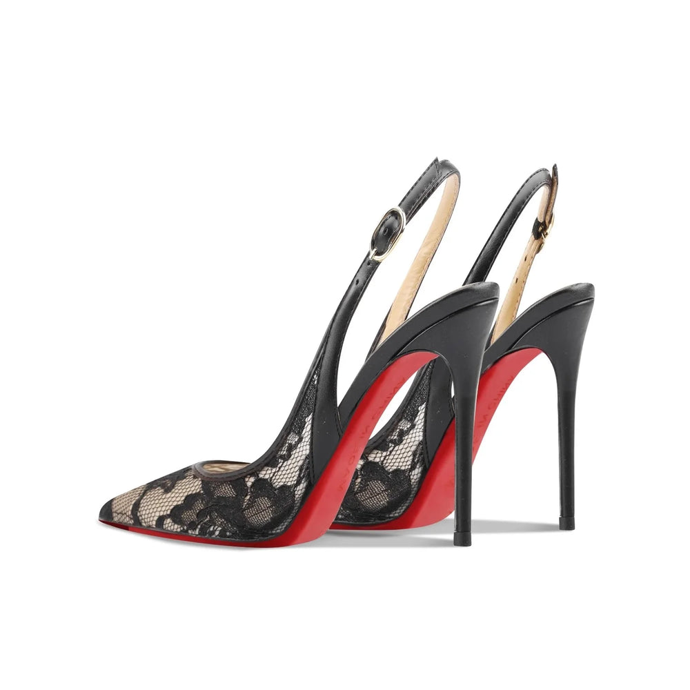 Black lace high-heeled shoes with red soles on a white background