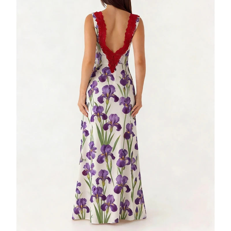 Floral print maxi dress with red lace V-neck detail, back view