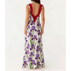 Floral print maxi dress with red lace V-neck detail, back view