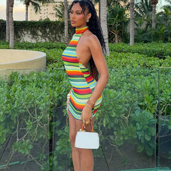 Striped Knit Halter Backless Mini Dress