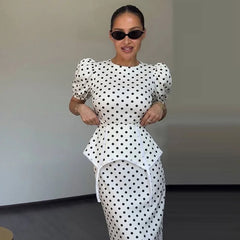 Polka Dot Puff Sleeve Peplum Dress