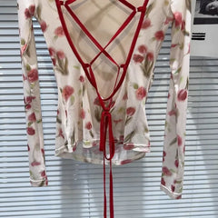 Floral Mesh Tie Back Long Sleeve Top - Detail View 1