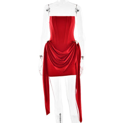 Strapless Draped Metal Ring Waist Dress