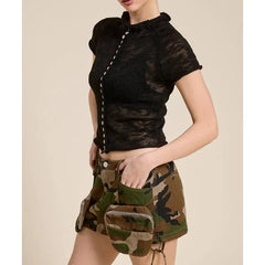 Button Decor Sheer Mock Neck Knit Top