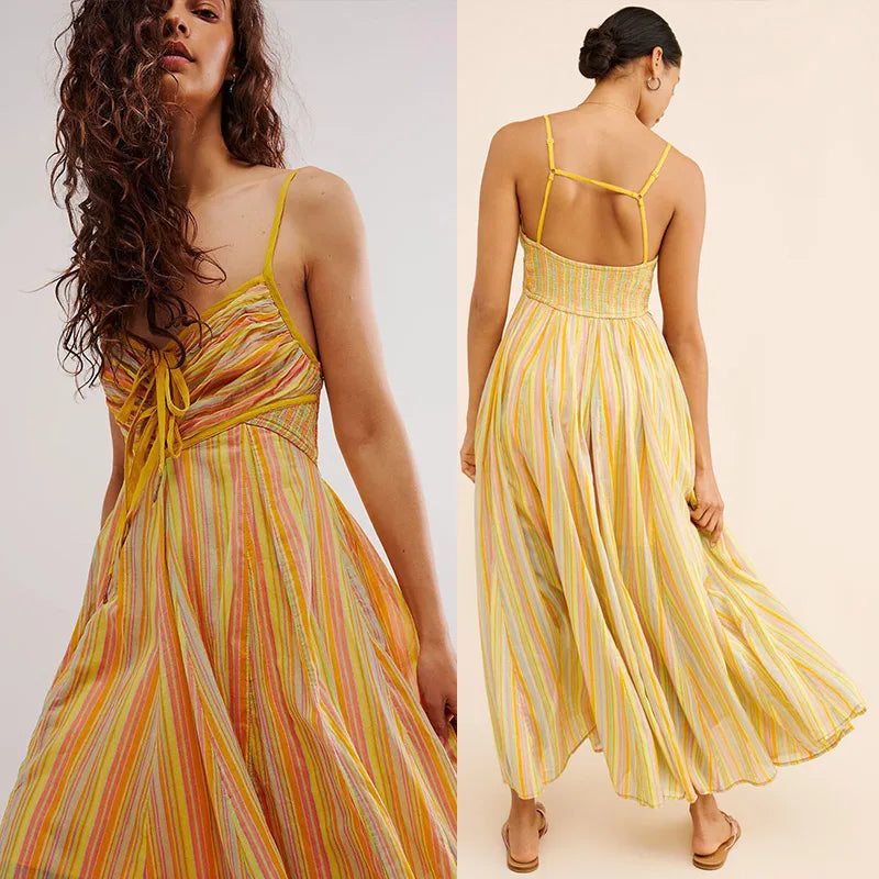 Woman wearing a yellow striped dress from front and back views on a plain background