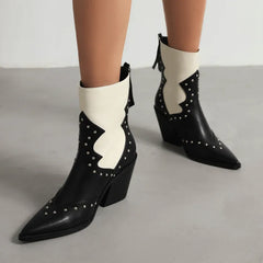 Studded Pointed Toe Block Heel Ankle Boots