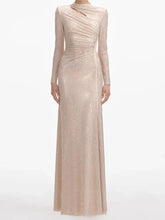 Apricot evening gown with long sleeves on a white background