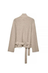 Ribbed Knit Belted Turtleneck Cardigan