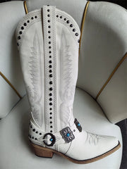 Embroidery Buckle Knee High Boots