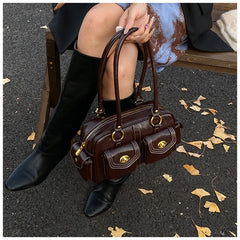 Microfiber Leather Vintage Pocket Satchel – Black & Burgundy