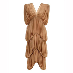 Brown V-Neck Draped Tiered Folds Maxi Dress
