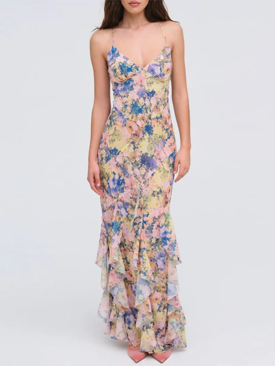 Watercolor print spaghetti strap trumpet hem ruffled gown front view