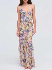 Watercolor print spaghetti strap trumpet hem ruffled gown front view