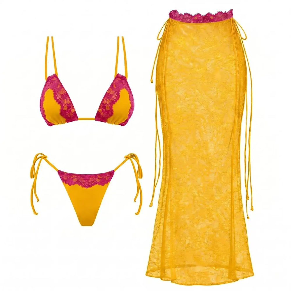 Yellow and pink lace two-piece swimwear set