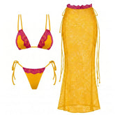 Yellow and pink lace two-piece swimwear set
