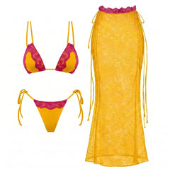 Yellow and pink lace two-piece swimwear set