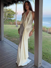 Satin Pleated Drape Front Tie-Up Long Dress