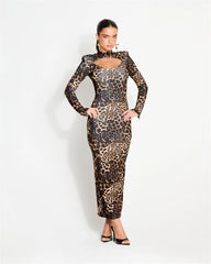 Leopard print high neck maxi dress with cutout