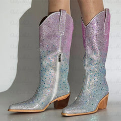 Sparkly silver and pink cowboy boots on a neutral background