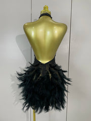 Beaded Feather Halter Sequin Mini Dress