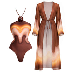 Halter neck one-piece swimsuit and matching long kimono cover-up with wavy gradient print, displayed side by side.
