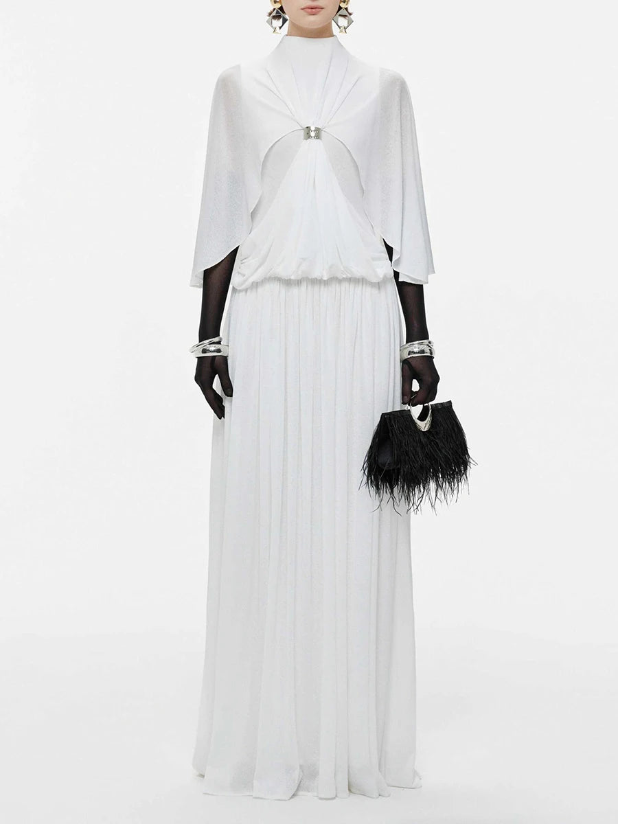 White chiffon maxi dress with cape sleeves and jewel buckle